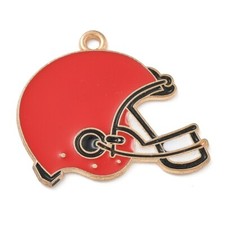 2 Football Charms Gold Enamel Helmet Pendants Red Sports Themed Jewelry Supplies