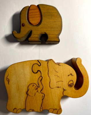 2  Holz-Elefanten   3 D - Puzzle,  von  1936  und  1981,   Bilderkiste Lankau  !