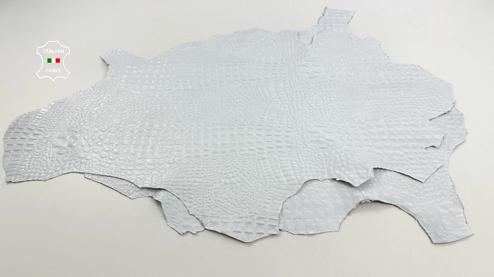 WHITE SHINY ALLIGATOR CROCODILE PRINT ON Lamb Leather 2 skins 10sqf 0.8mm #C4032 - Image 2 of 4