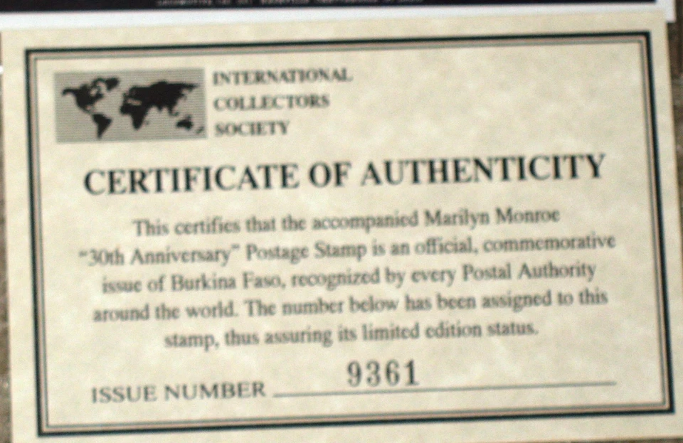 Marilyn Monroe 30th anniversary Stamp mini Sheet Commem. Burkina Faso MNH COA - Image 3 of 3