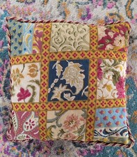 Vintage Tapestry Cushion Patchwork Effect Gold Pink Blue Green
