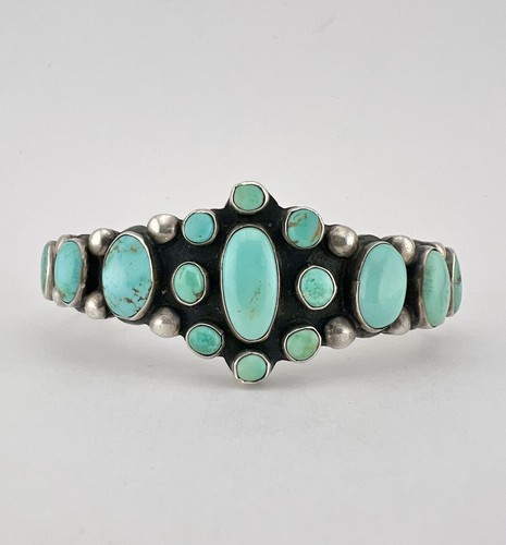 1930s Navajo Coin Silver INGOT Cerrillos Turquoise Stamped Cuff Bracelet 51.8g