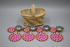 Doll/Plush Wicker Picnic Basket Set w/ Mini Tin/Metal Tea Set Cups Plates 13pcs