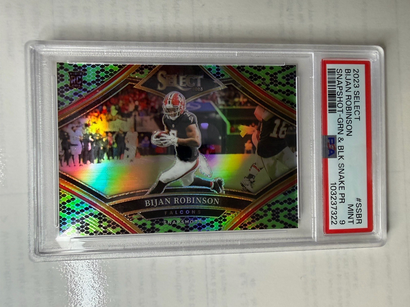 Bijan Robinson Panini Select Snapshots #SSBR Green & Black Snakeskin Prizm