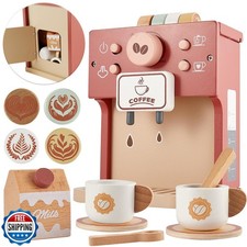 BUYGER Toy Coffee Maker for Kids, Wooden Coffee Playset Pretend P