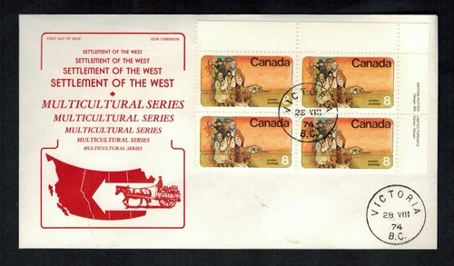 Canada #643, 1974 8¢ Mennonites Plate Block on B. Jones cachet FDC-Victoria B.C.