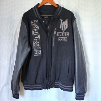 Headrush MMVIII Varsity Bomber Jacket Black Wool Blend Faux Leather Sleeves L