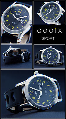 Gooix Pilot Watch Men's XXL 48mm Date Yellow Numbers Stainless Steel 5 BAR