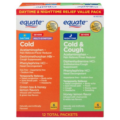 Equate Daytime Cold & Nighttime  & Cough Multi-Symptom Severe Relief Powder 12
