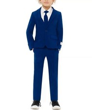 OPPOSUITS Boys Navy Royal Solid Suit Jacket Pants Clip On Tie Size 8 With Box 