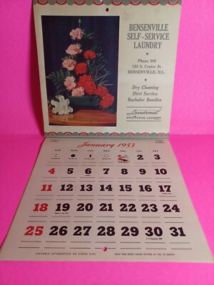 1953 CALENDAR Bensonville Self-Service laundry ILLINOIS Home Reminder Calendar