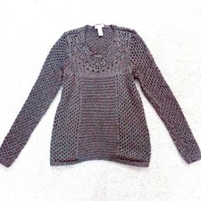 CHICO'S Brown White Long Sleeve Knit Crochet Sheer Sweater Shirt Top 0 XS