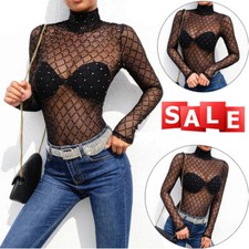 Womens Ladies Turtle Polo Neck Sheer Mesh Long Sleeve Leotard Top Bodysuit