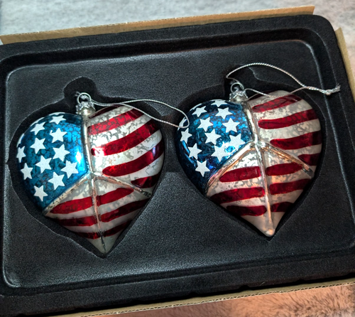 NIB Trimsetter Dillards American Flag Peace Glass Heart 2 Christmas Ornaments - Picture 2 of 8
