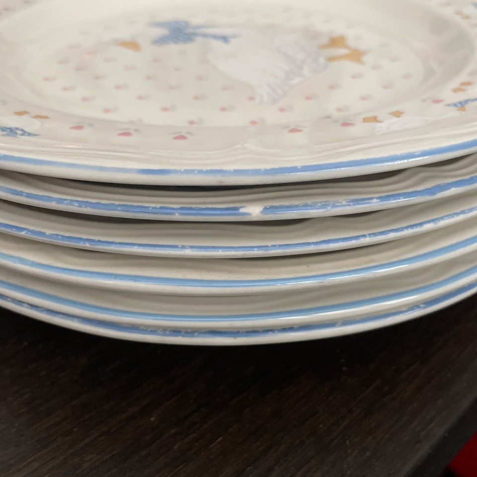 Aunt Rhody Brick Oven Stoneware Goose Blue Rim Bow 11" Dinner Plates