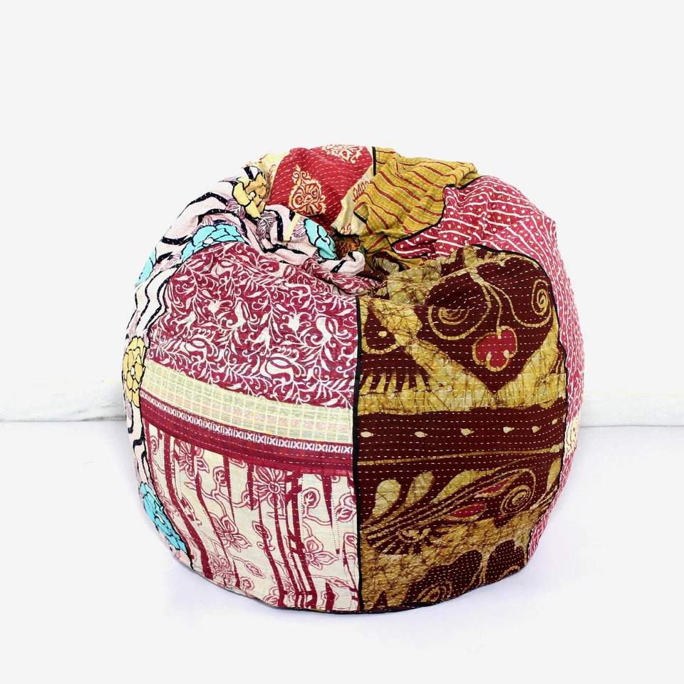 Puf redondo bohemio Kantha floral de algodón hecho a mano bolsa de frijoles gitanos sillón Foto 3 de 3