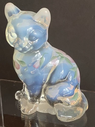 Fenton Opalescent Art Glass Cat Figurine Purple/Pink Flowers
