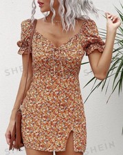 SHEIN Floral Print Tie Front Slit Hem Fitted Puff Sleeve Mini Dress Size Small