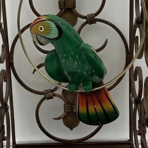 Metal Decorative Bird Cage With Hand Painted Ceramic Parrot On Swing VTG 8x8x18”