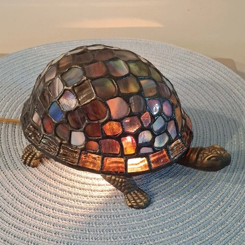 Vintage Tiffany Style Blue Stained Glass Turtle Lamp 1999