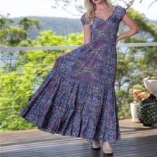 Women's Boho Brazil Blue Pink Paisley Maxi Dress M babydoll fairycore