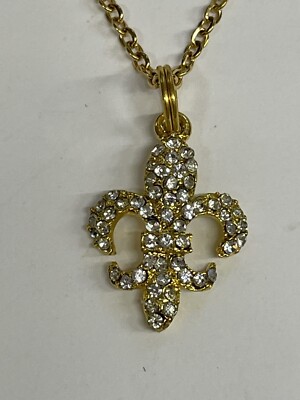 Fleur De Lis Small Gold Pave Rhinestones Necklace 20  Stainless Jewelry NEW