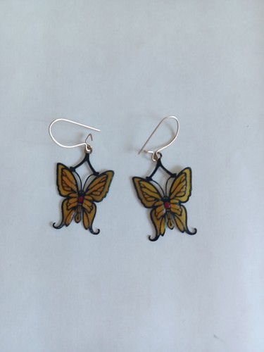 Vintage Yellow Butterfly Dangle Earrings Stained Glass Style