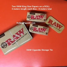 TWO X RAW King Size ROLLS 3 meter length each Rolling Paper+Storage TIN