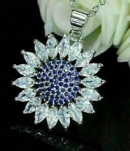 3.Ct Round Cut Lab Created Blue Sapphire Sunflower Pendant 14K White Gold Plated - Picture 1 of 6