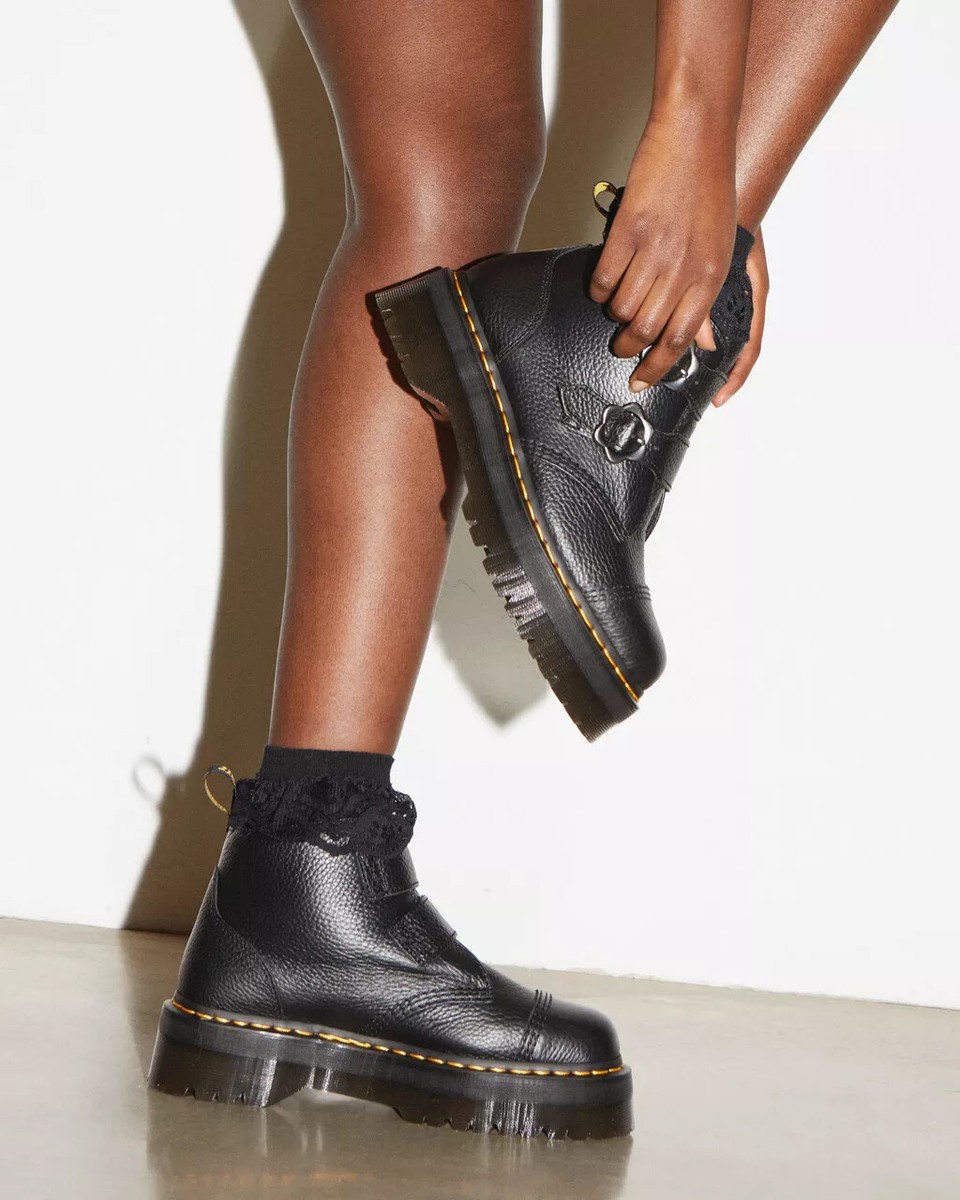 Dr Martens Devon Flower Buckle Black Nappa Leather Platform Boot