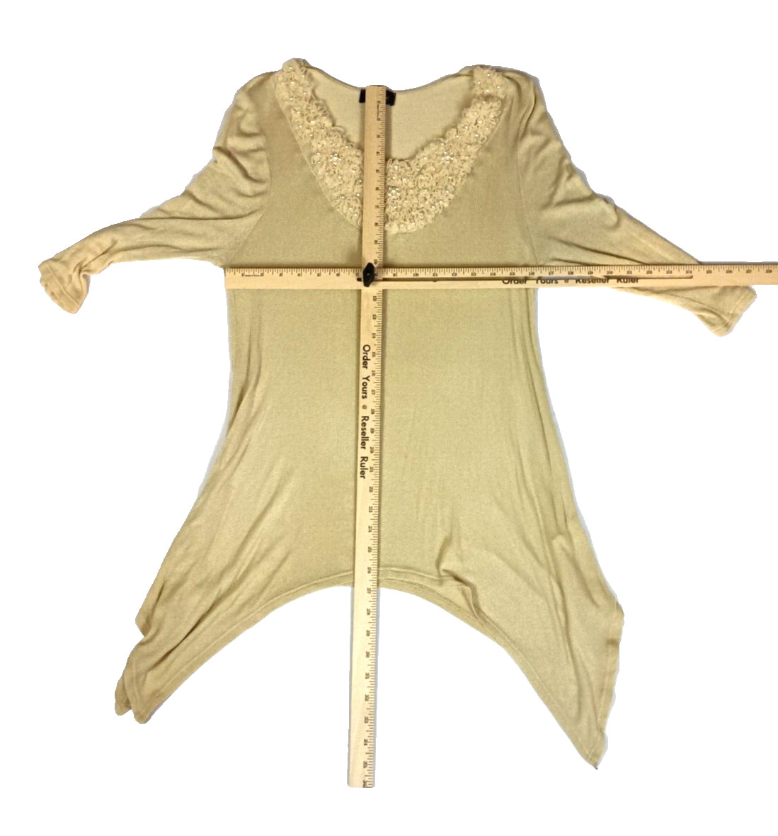 Cal Style Top Womens M Beige Tunic Pearl Studded Semi Sheer Boho Dressy Chic