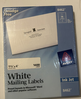 Avery Easy Peel White Mailing Address Label Inkjet 1 1/3 x 4 White 1400/Box 8462