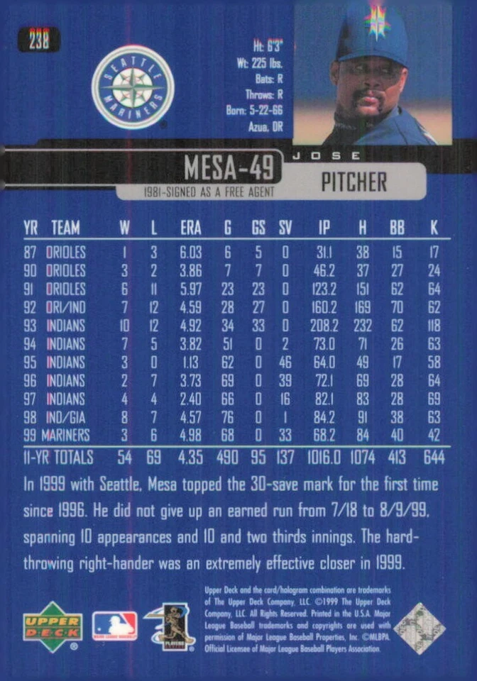 2000 Upper Deck #238 Jose Mesa Seattle Mariners Baseball Card - Image 2 of 2