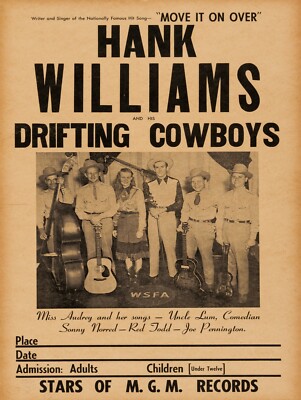 1949 Hank Williams & His Drifting Cowboys Concert Poster Style NEW