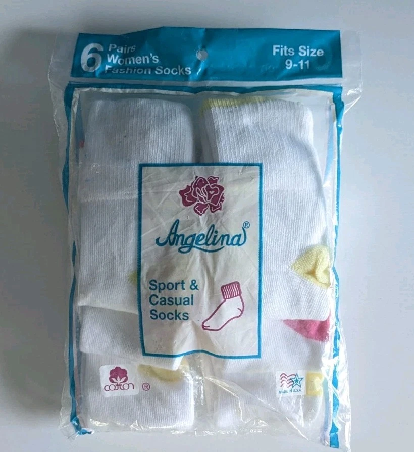 NOS Vintage 6pk Women's Sport Socks 1980s By Angelina 80% Cotton/20% Nylon RARE