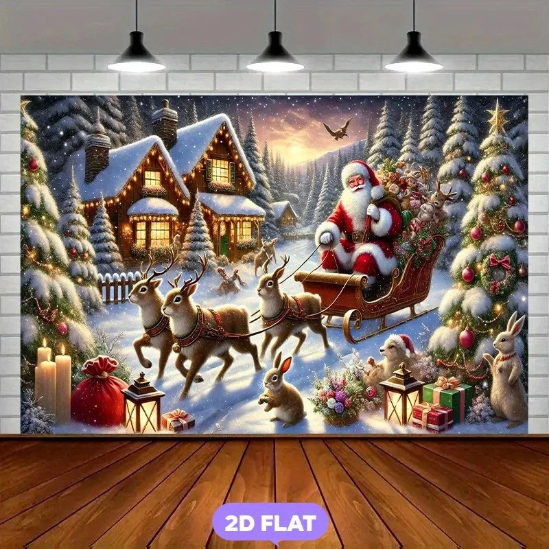 Weihnachten Hintergrundtuch Santa Schlitten Rentier Traumhaus Deko Banner - Bild 3 von 4