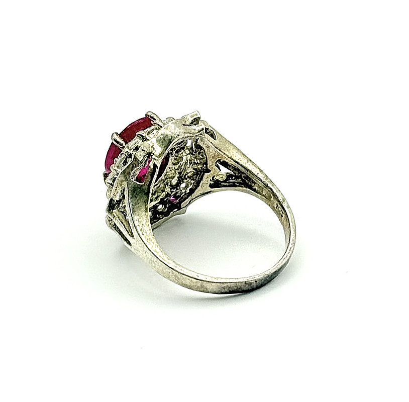 925 Sterling Silver Synthetic Ruby & CZ Ring - Si… - image 3