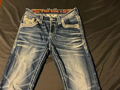 Rock Revival Men’s Blue Medium Wash Embroidered Bootcut Denim Jeans, 5-Pocket