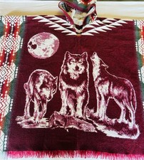 Handmade Alpaca Hooded Poncho One Size 3 Wolves Moon Corpcore Hippie Ecuador