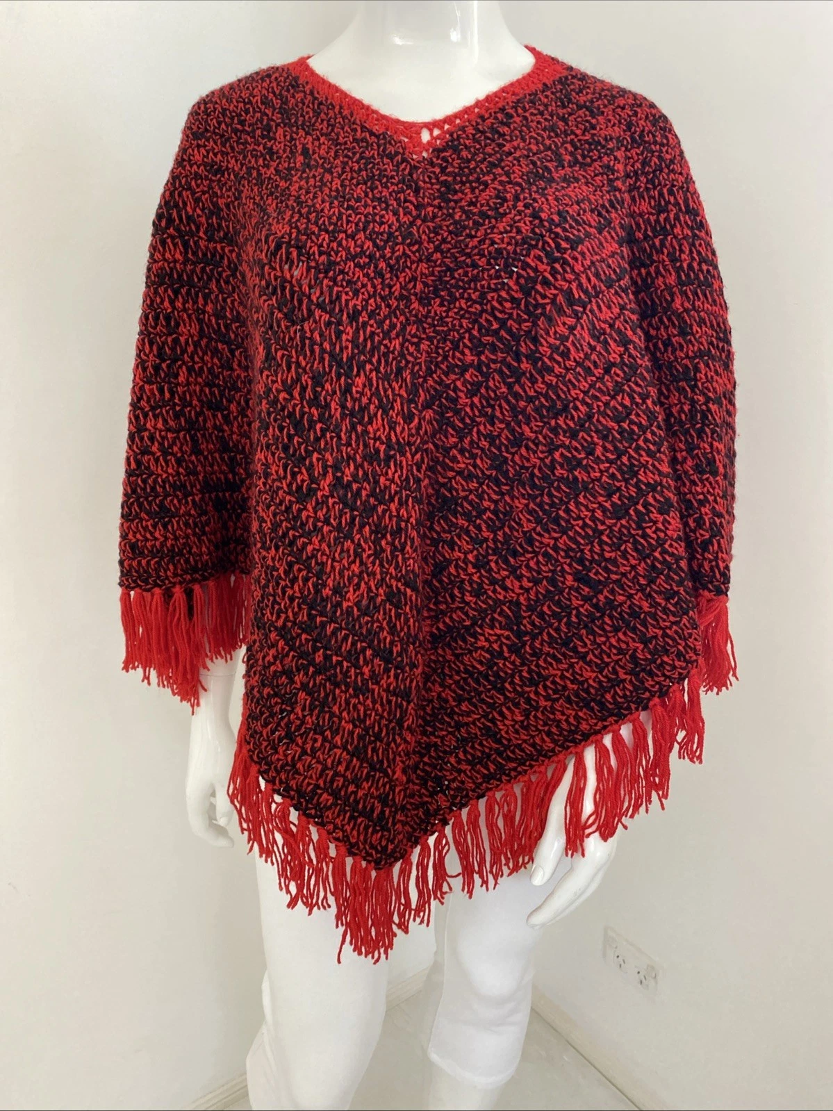 Hand Knitted OS Crochet Poncho Red Black Tassel Acrylic Chunky Sleeveless Jumper