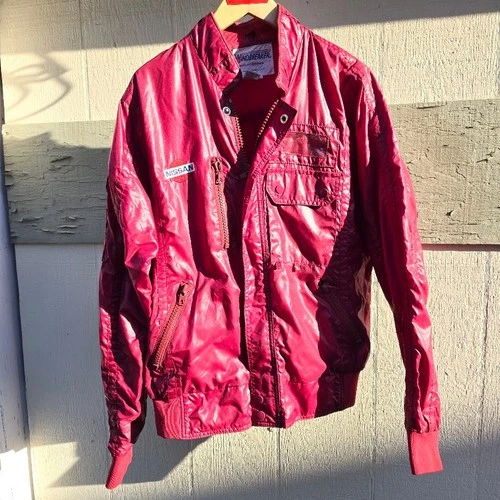 Vintage 80s Nissan Racing Jacket Mens Large Maroon Nylon Windbreaker Pit Coat image 3
