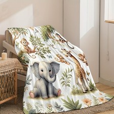 1pc gray digital printed grassland animal flannel blanket with leaves,elephants