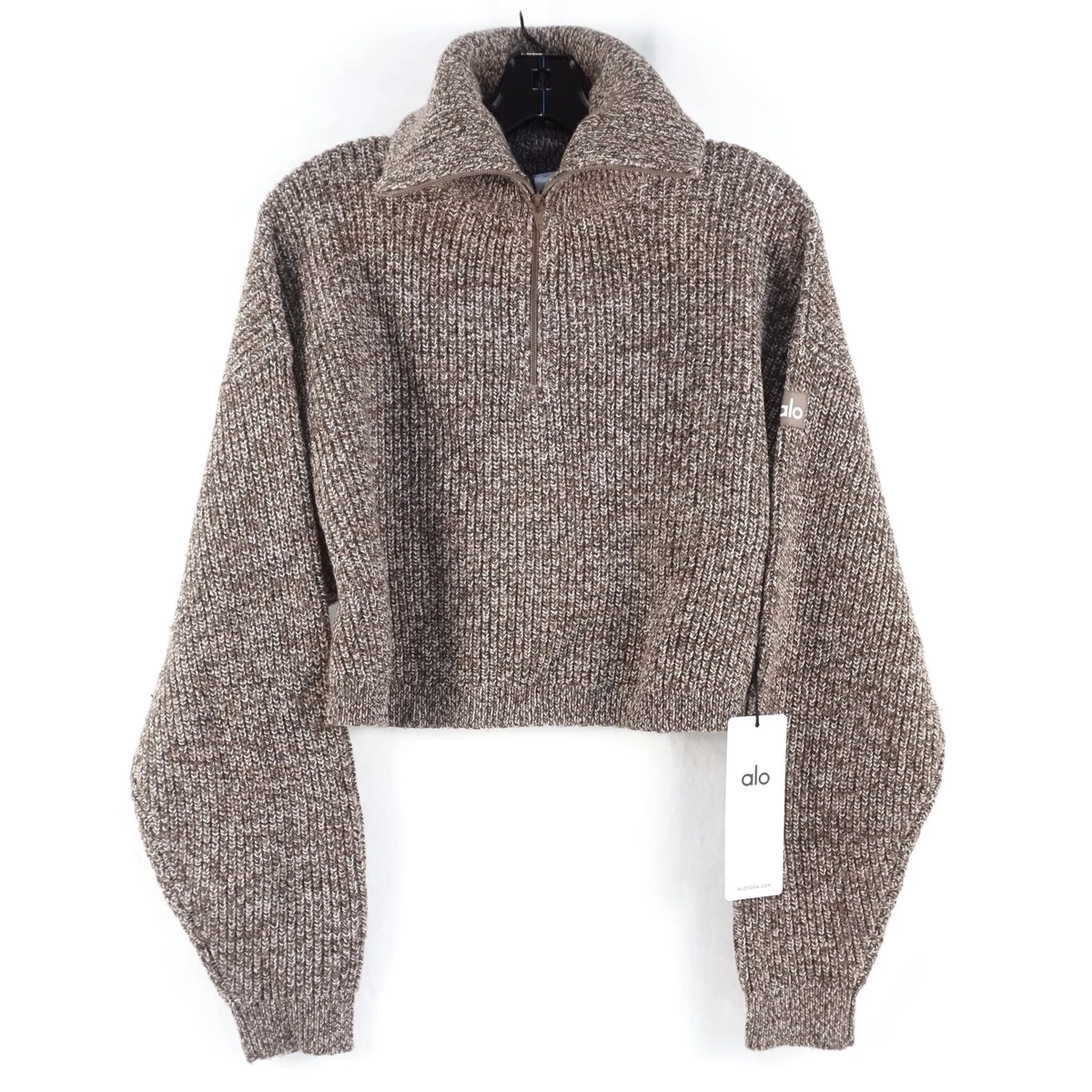 ALO Yoga Marl Sweater 1/4 Zip Cropped Knit Pullover In Mushroom