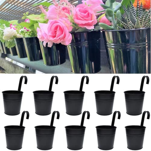 LaLaGreen Railing Planter 10 Pack, 6 Inch Hanging Flower Pot 6" (15cm) Black