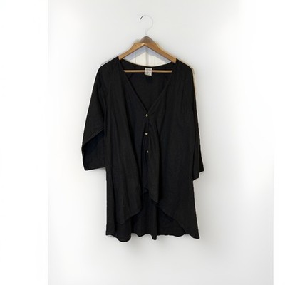 Match Point Linen Jacket Women Large Black High Low 3/4 Sleeve V-Neck Button Top