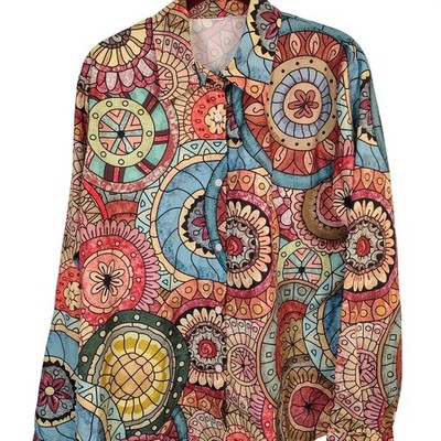 XXL Mandala Geometric Print Button Up Shirt Long Sleeve Multicolor Boho