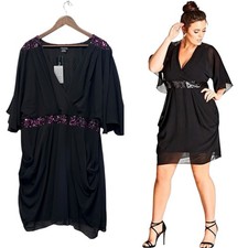 NWT City Chic Black Sheer Sequin Faux Wrap Party Cocktail Dress 24/XXL Holiday