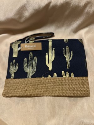 Cactus Print Navy With Gold Thread Cosmetic Wallet Zipper Pouch With Wrist Loop