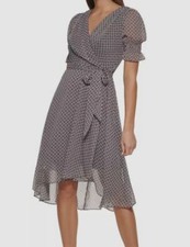 Tommy Hilfiger Women's Black White Geo Printed Wrap V Neck Midi Dress Size 2