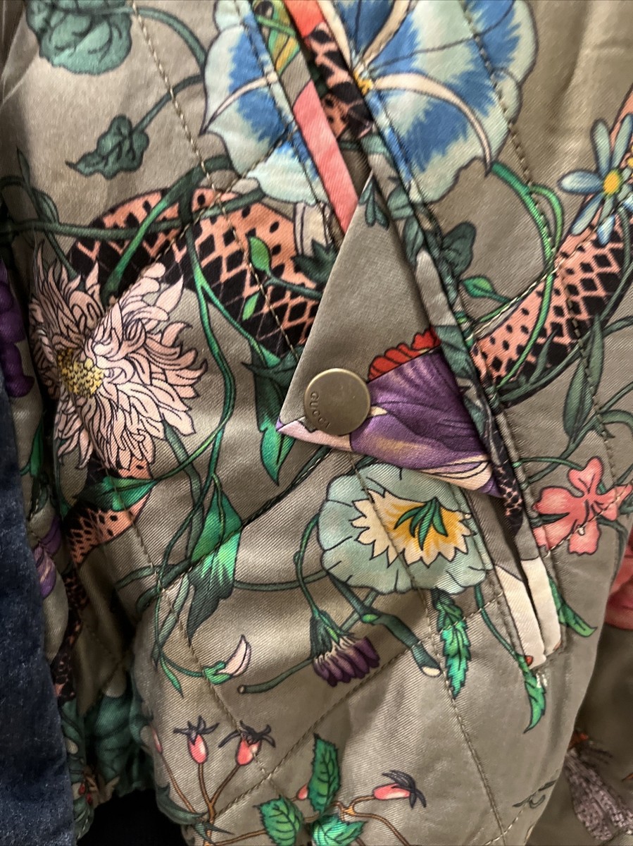 100% Authentic GUCCI Floral Snake Print Quilted Silk Bomber